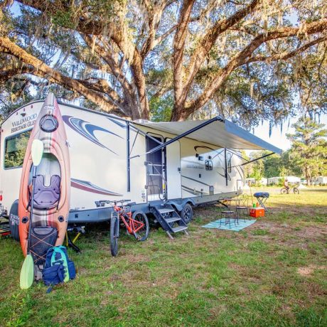 rv with kayak and bicycle